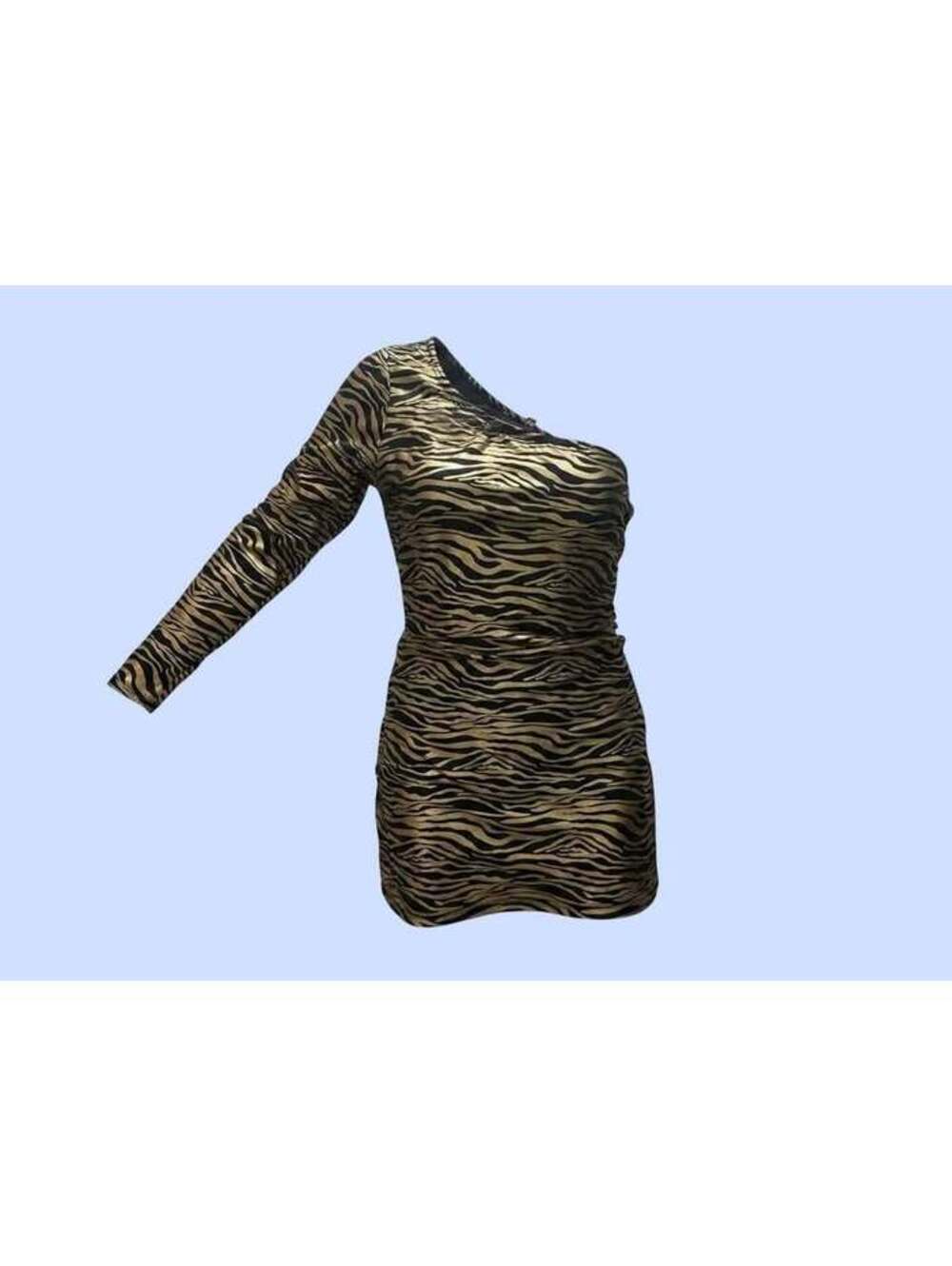 Elegant Moments Metallic Gold Zebra Print One-Shoulder Mini Dress